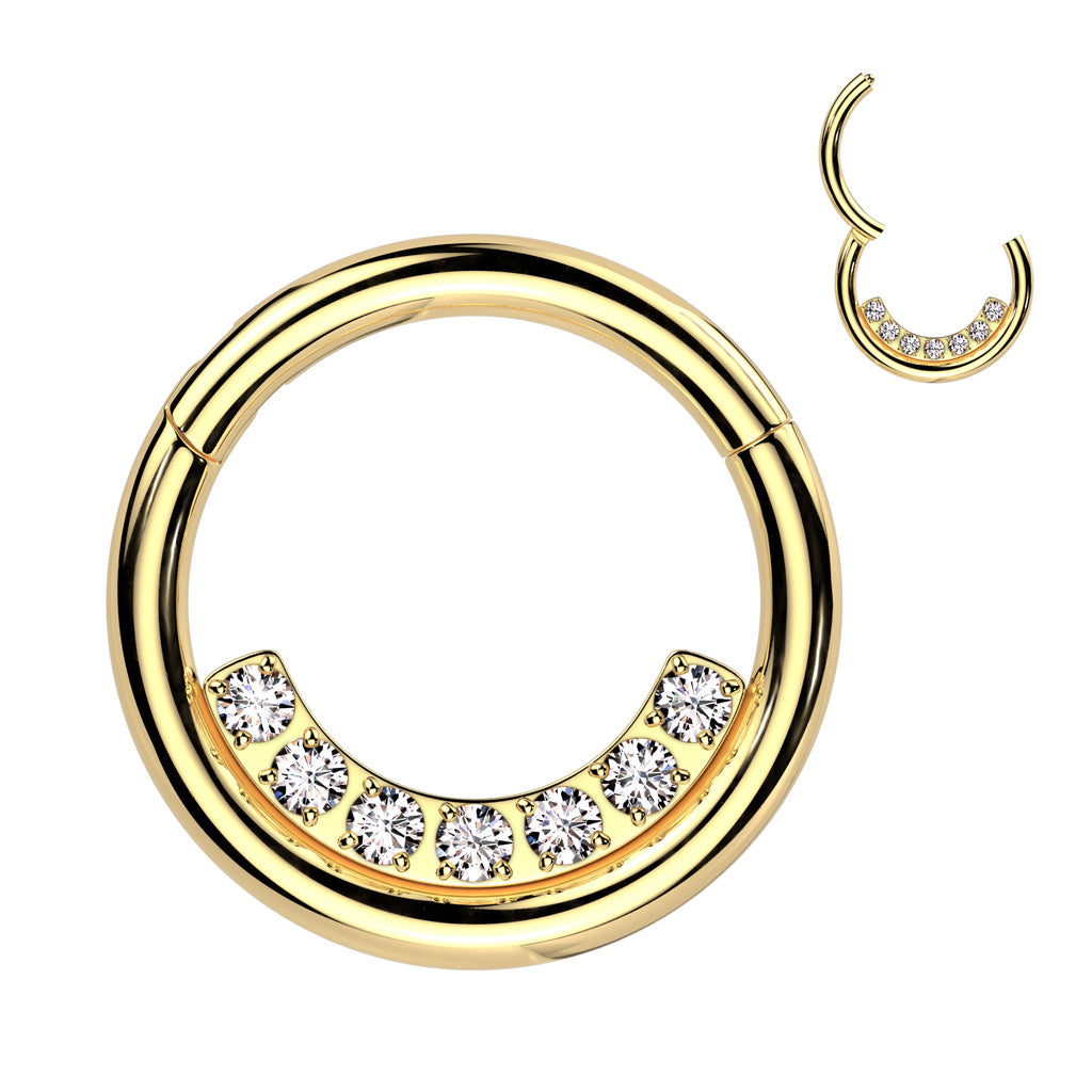 High Quality Precision All 316L Surgical Steel Hinged Segment Hoop Ring With Inner CNC Set Lined CZ - Gold/Clear