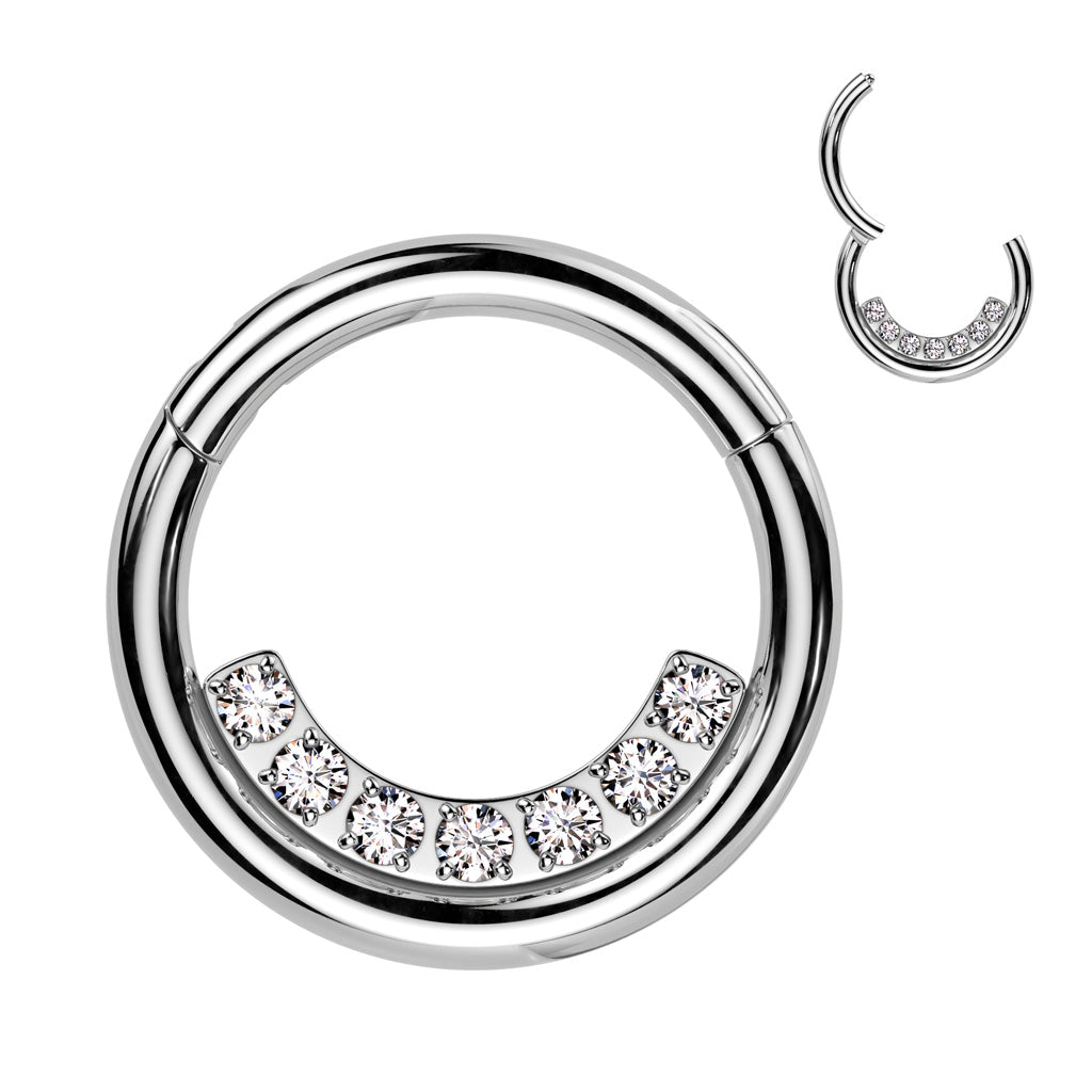 High Quality Precision All 316L Surgical Steel Hinged Segment Hoop Ring With Inner CNC Set Lined CZ - Steel/Clear
