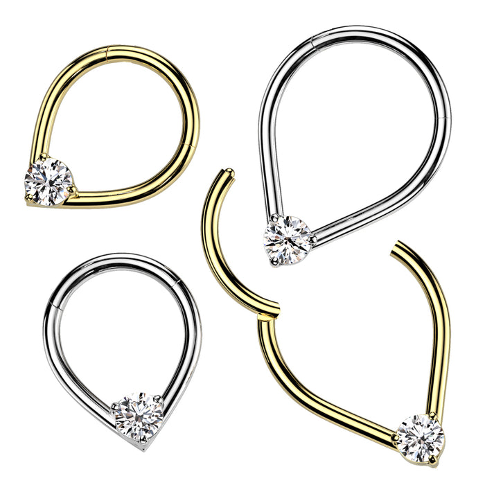 316L Surgical Steel Teardrop Hinged Segment Hoop Ring With Prong Set CZ