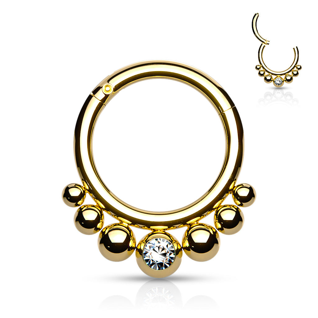 316L Surgical Steel Segment Hoop Rings With Graduated Balls and Bezel Set Crystal Center - Gold/Clear