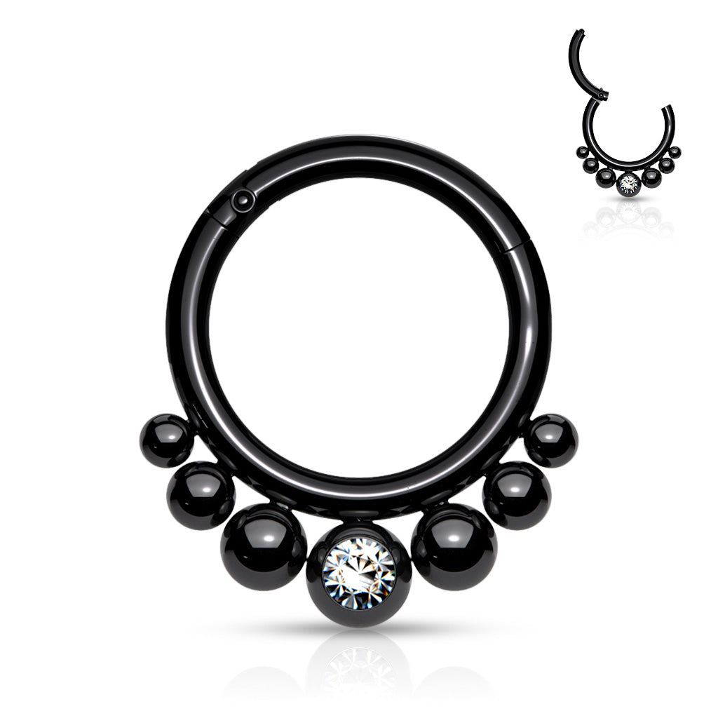 316L Surgical Steel Segment Hoop Rings With Graduated Balls and Bezel Set Crystal Center - Black/Clear