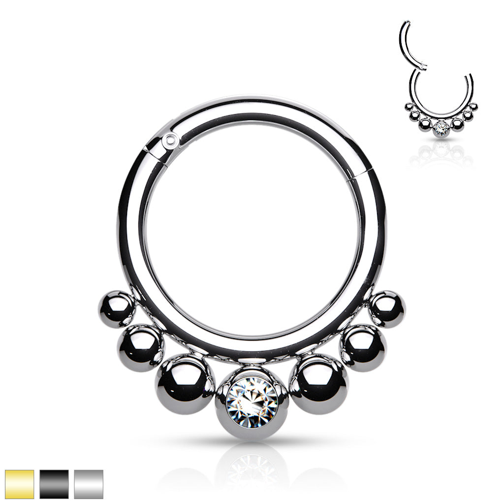 316L Surgical Steel Segment Hoop Rings With Graduated Balls and Bezel Set Crystal Center - all colors