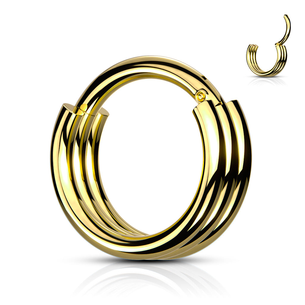 316L Surgical Steel Hinged Segment Hoop Rings With Triple Layered Hoops - Gold
