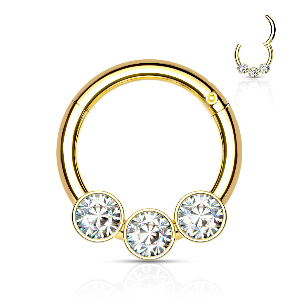 3 Bezel Set Crystals on 316L Surgical Steel Hinged Segment Hoop Rings - Gold/Clear