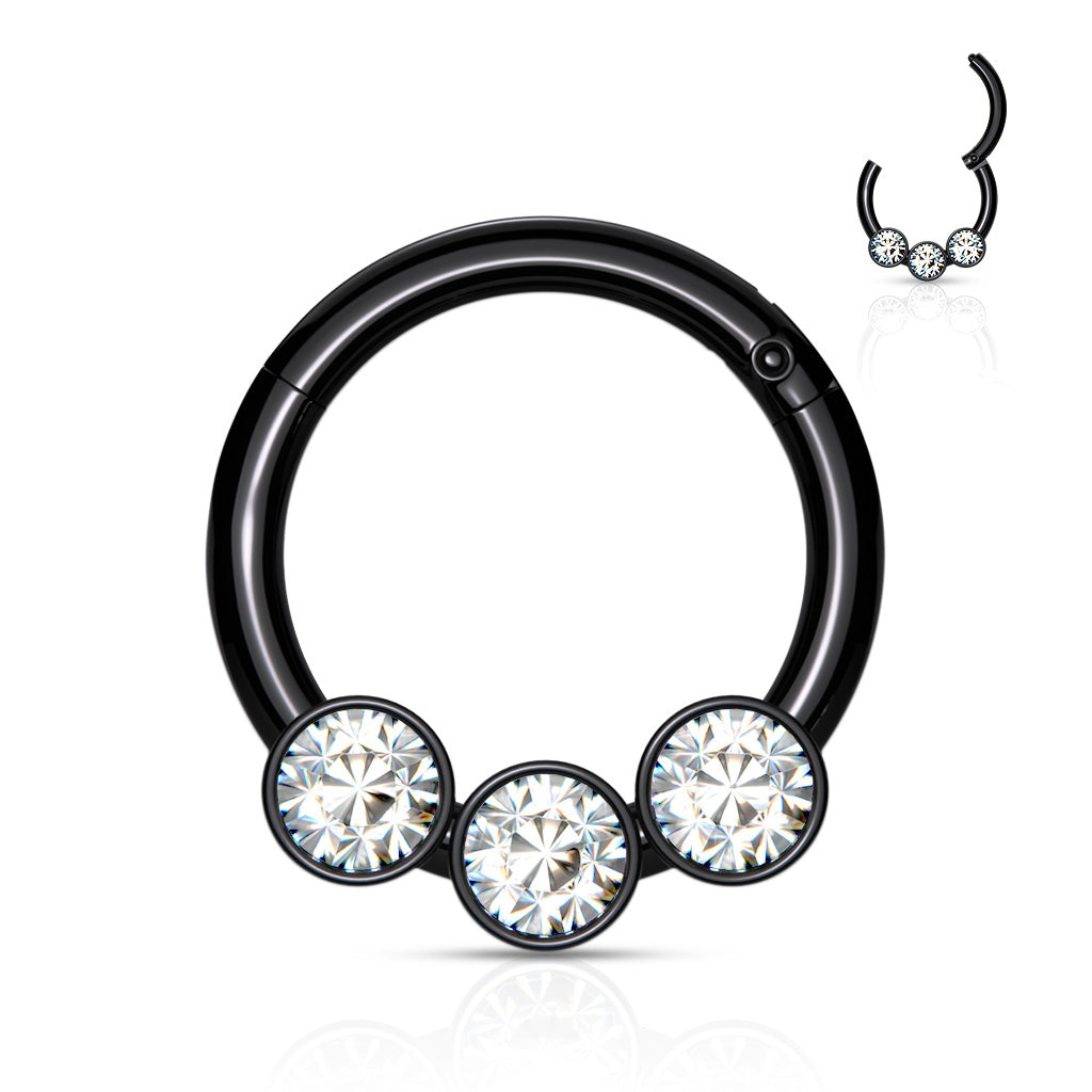 3 Bezel Set Crystals on 316L Surgical Steel Hinged Segment Hoop Rings - Black/Clear