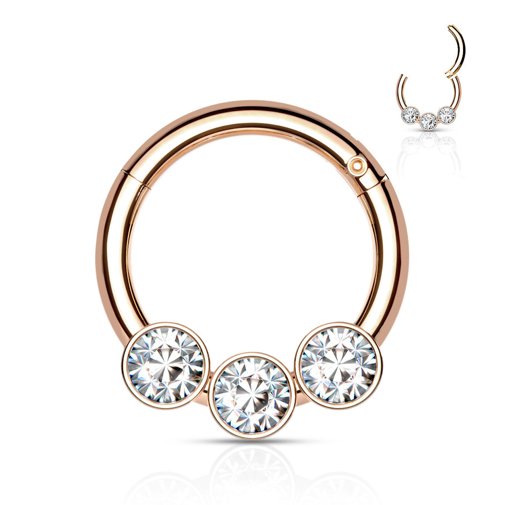 3 Bezel Set Crystals on 316L Surgical Steel Hinged Segment Hoop Rings - Rose Gold/Clear