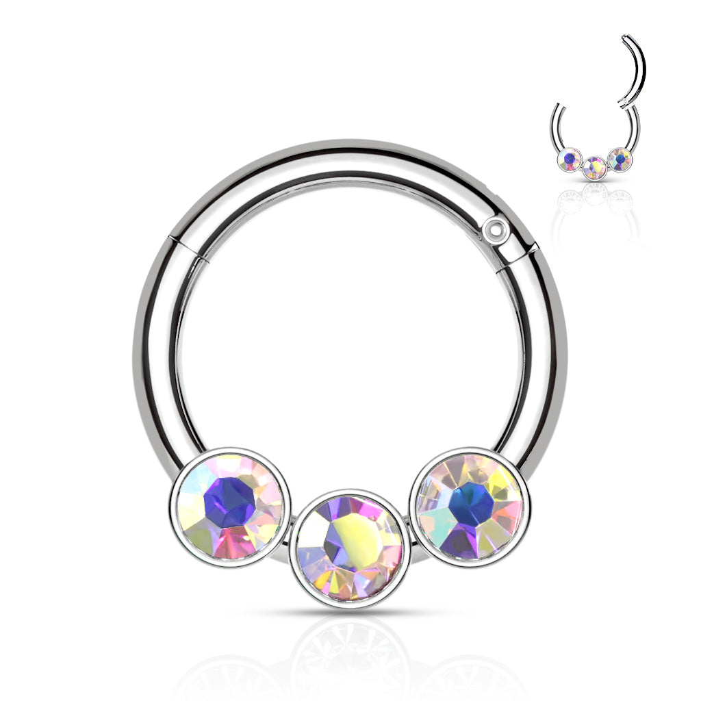 3 Bezel Set Crystals on 316L Surgical Steel Hinged Segment Hoop Rings - Steel/Aurora Borealis