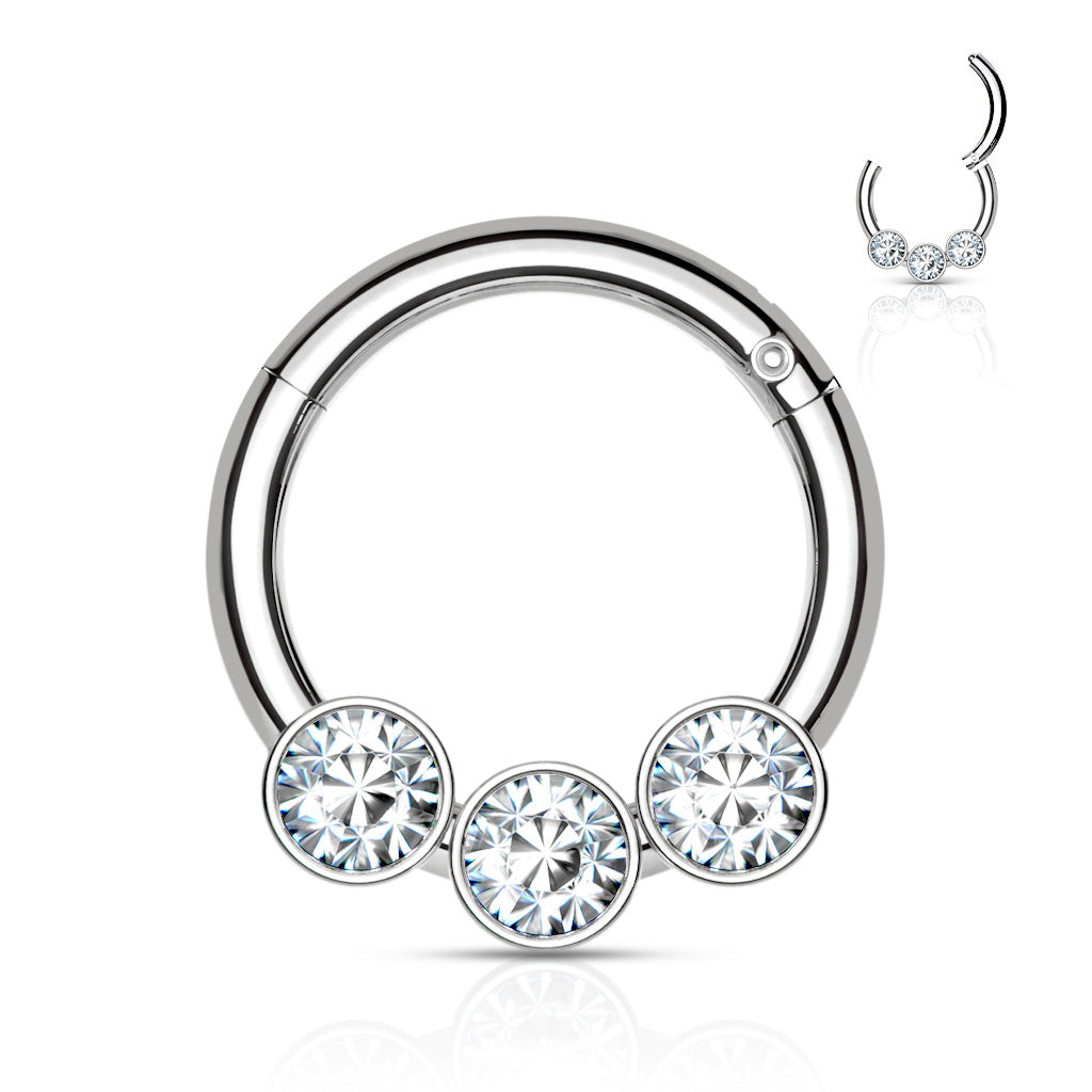 3 Bezel Set Crystals on 316L Surgical Steel Hinged Segment Hoop Rings - Steel/Clear