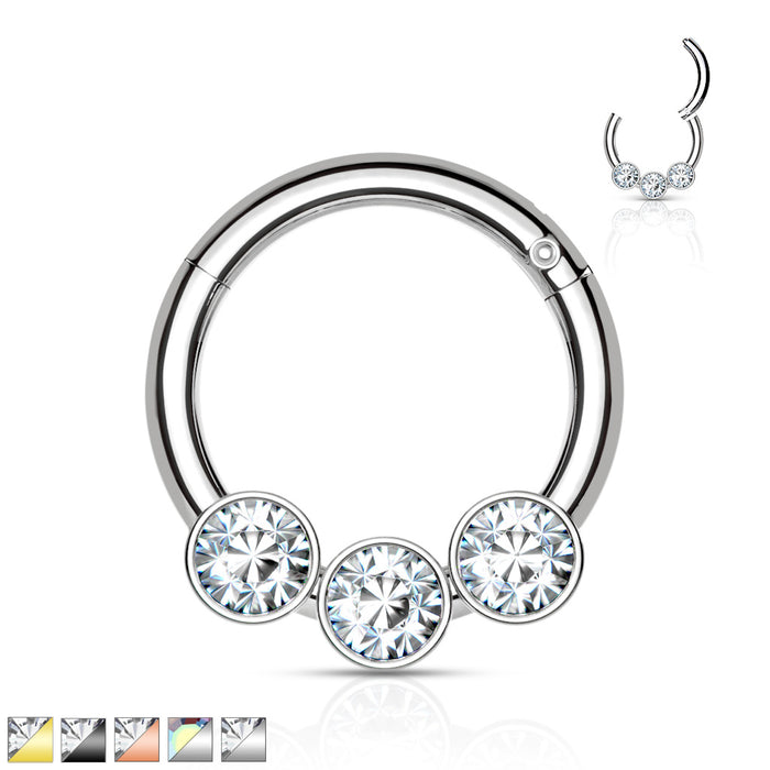 3 Bezel Set Crystals on 316L Surgical Steel Hinged Segment Hoop Rings