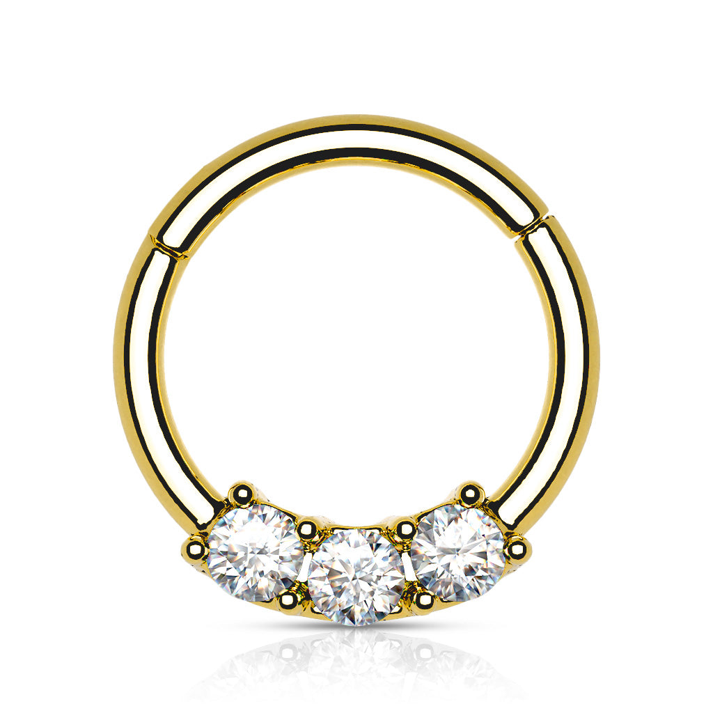High Quality Precision 3-CZ Set All 316L Surgical Steel Hinged Segment Hoop Rings - Gold/Clear