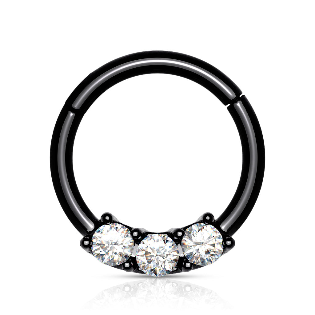 High Quality Precision 3-CZ Set All 316L Surgical Steel Hinged Segment Hoop Rings - Black/Clear