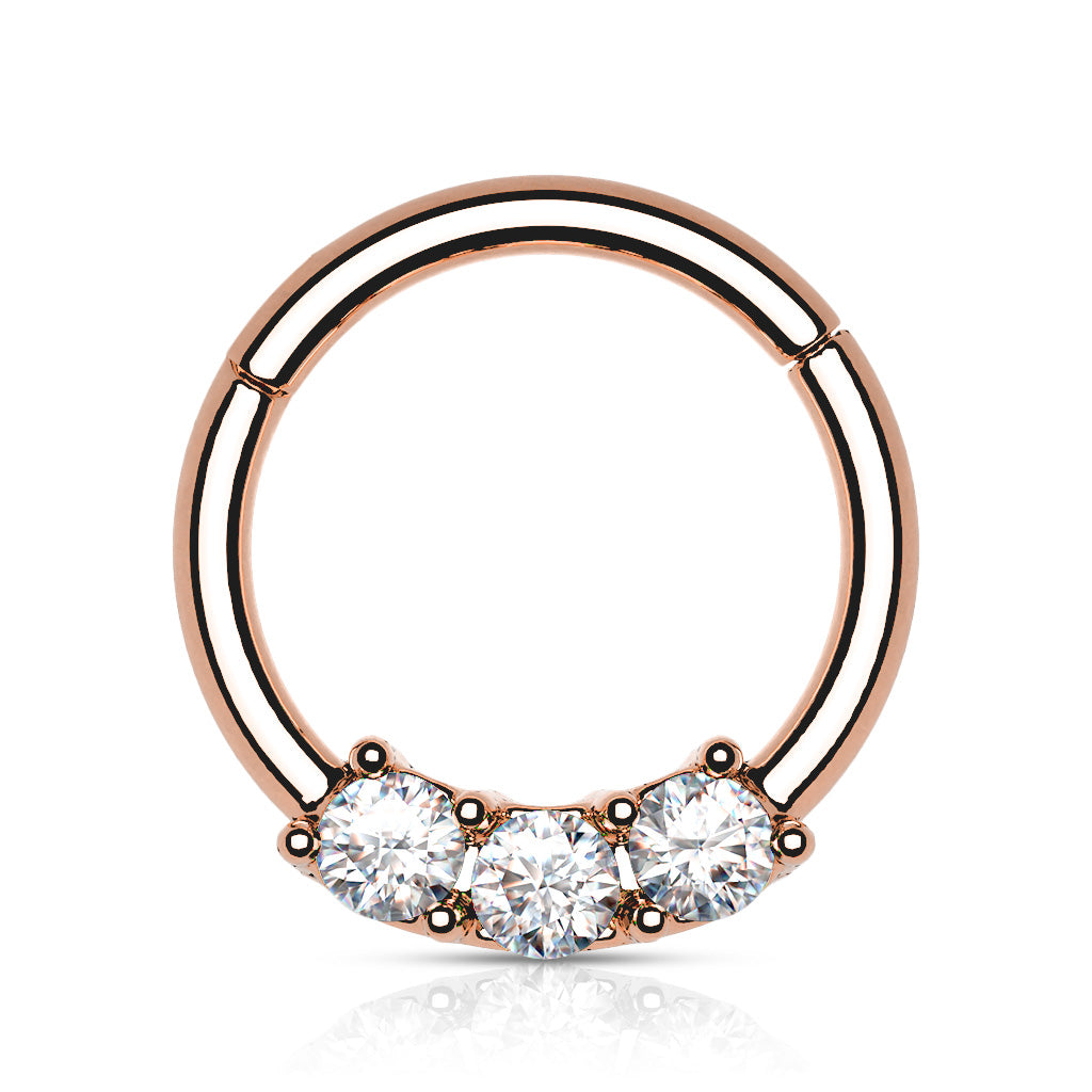 High Quality Precision 3-CZ Set All 316L Surgical Steel Hinged Segment Hoop Rings - Rose Gold/Clear