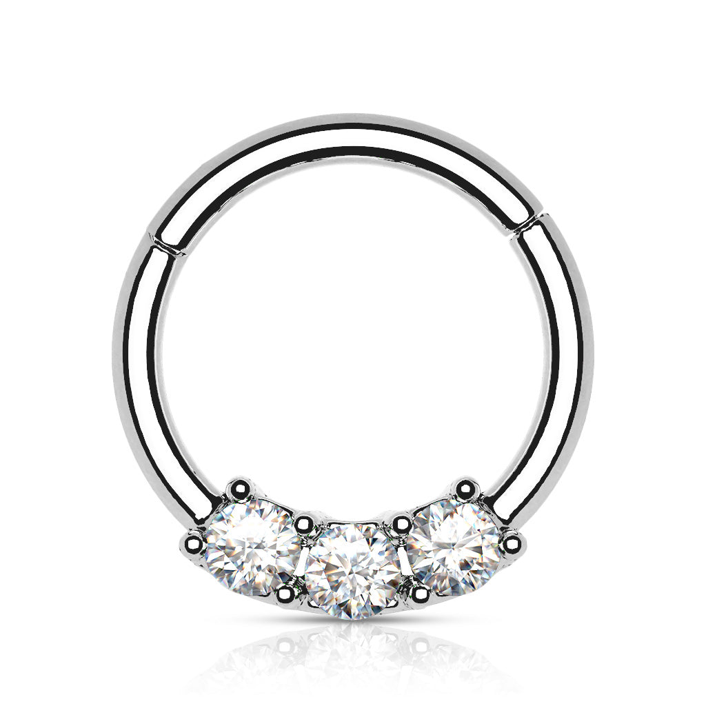 High Quality Precision 3-CZ Set All 316L Surgical Steel Hinged Segment Hoop Rings - Steel/Clear