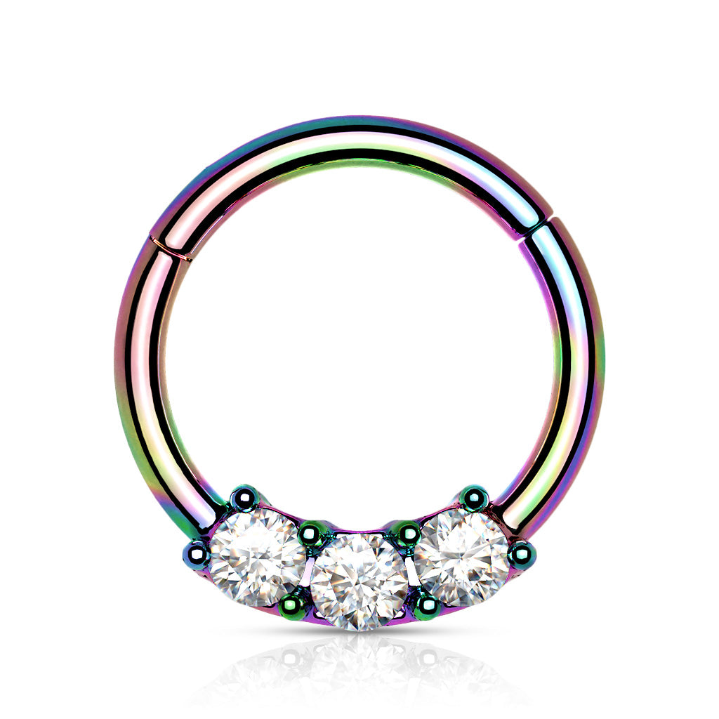 High Quality Precision 3-CZ Set All 316L Surgical Steel Hinged Segment Hoop Rings - Rainbow/Clear