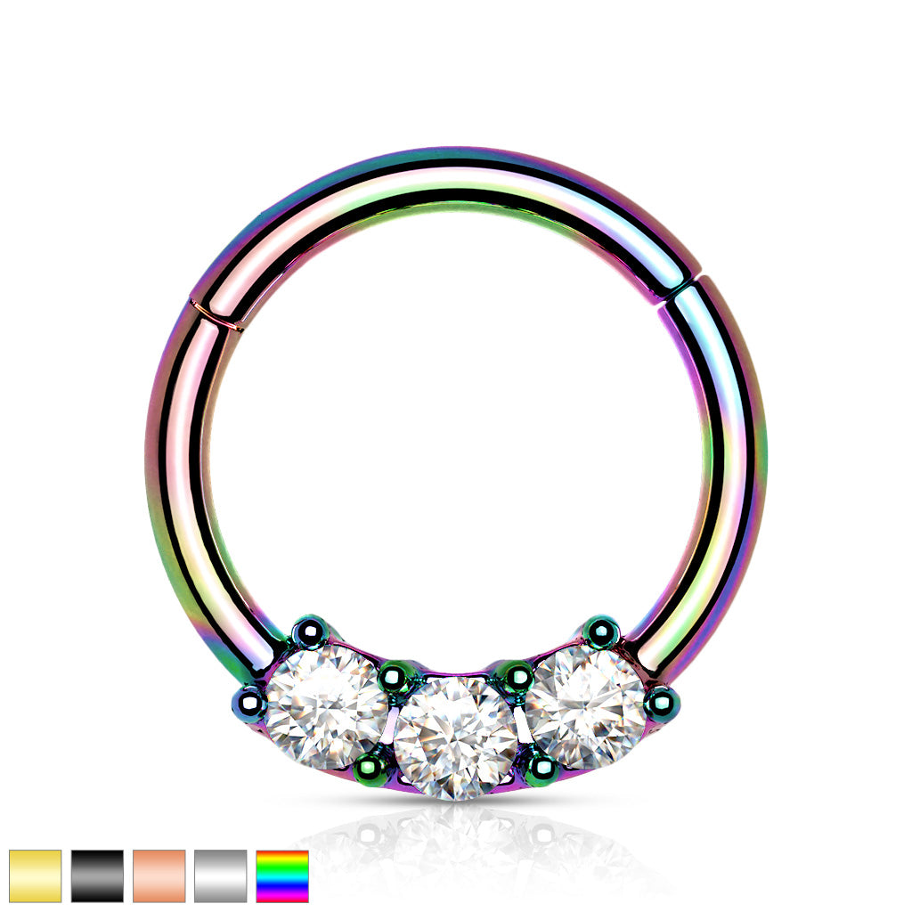 High Quality Precision 3-CZ Set All 316L Surgical Steel Hinged Segment Hoop Rings - all colors