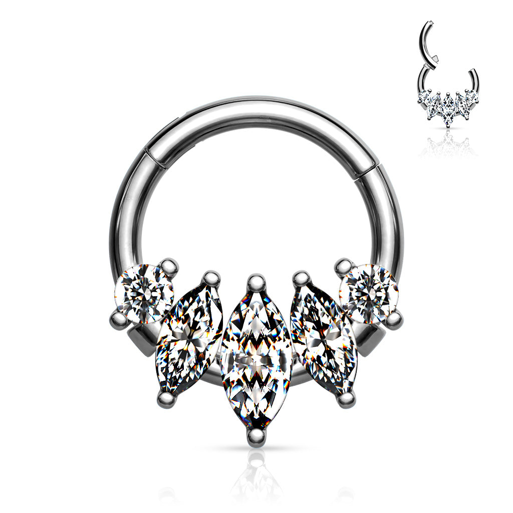 5-Marquise CZ set 316L Surgical Steel Hinge Hoop Segment Rings - Clear