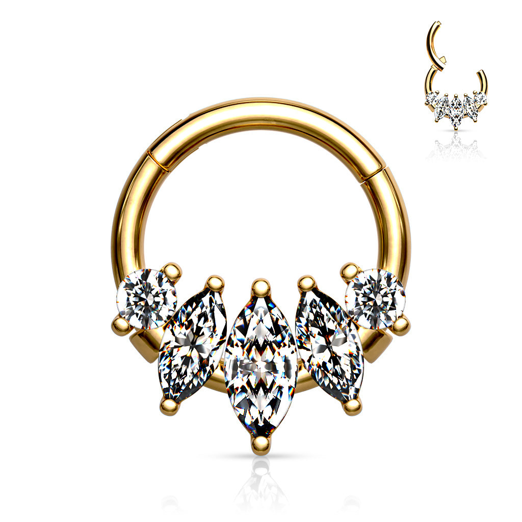 5-Marquise CZ set 316L Surgical Steel Hinge Hoop Segment Rings - Gold/Clear