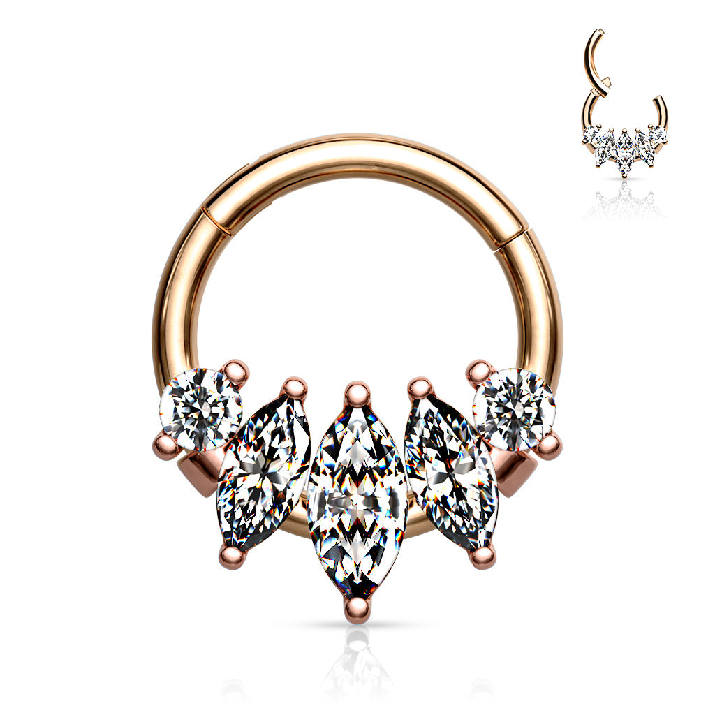5-Marquise CZ set 316L Surgical Steel Hinge Hoop Segment Rings - Rose Gold/Clear