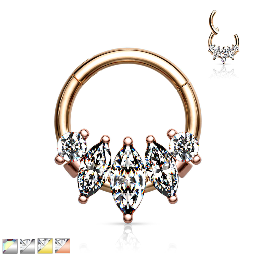 5-Marquise CZ set 316L Surgical Steel Hinge Hoop Segment Rings - all colors