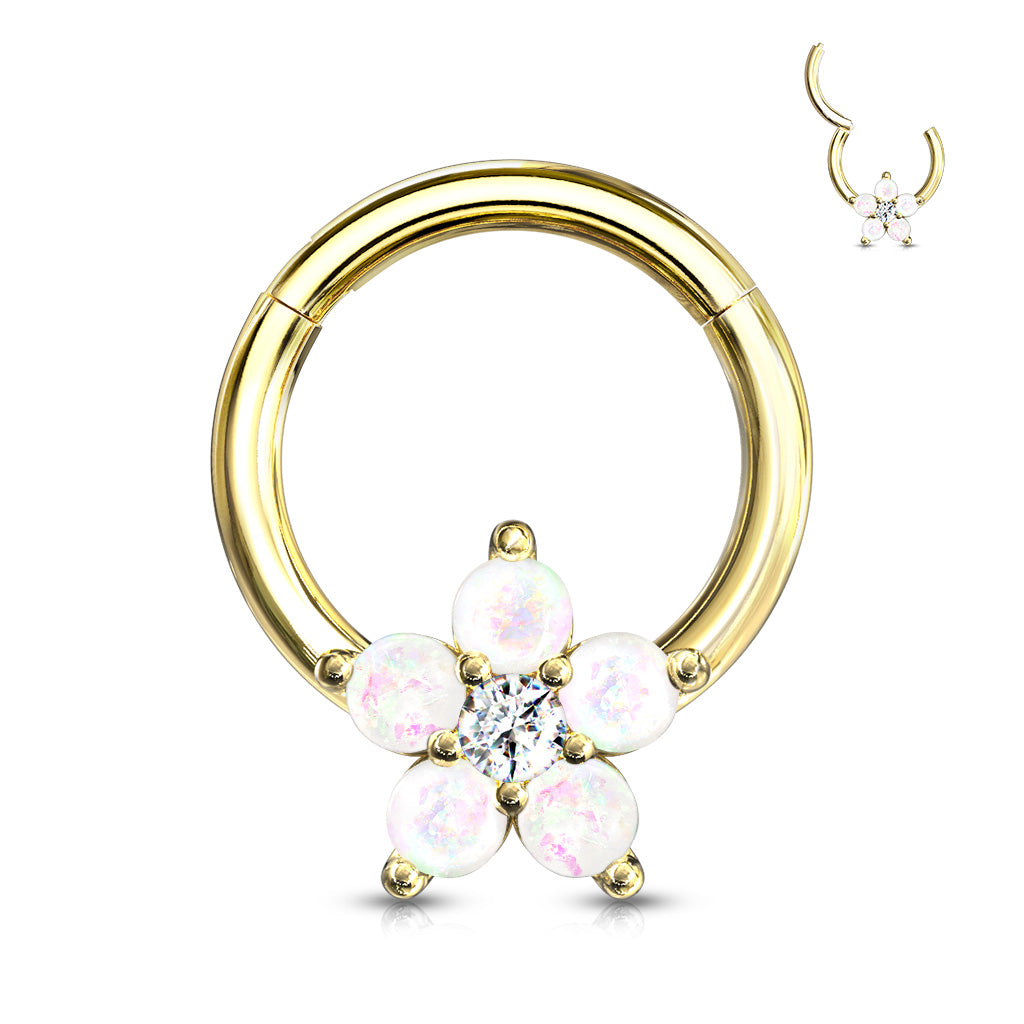 Opal Glitter Flower Centered 316L Surgical Steel Hinge Hoops for Ear Cartialge, Daith, Nose Septum and More - Gold/White