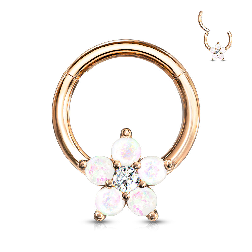 Opal Glitter Flower Centered 316L Surgical Steel Hinge Hoops for Ear Cartialge, Daith, Nose Septum and More - Rose Gold/White