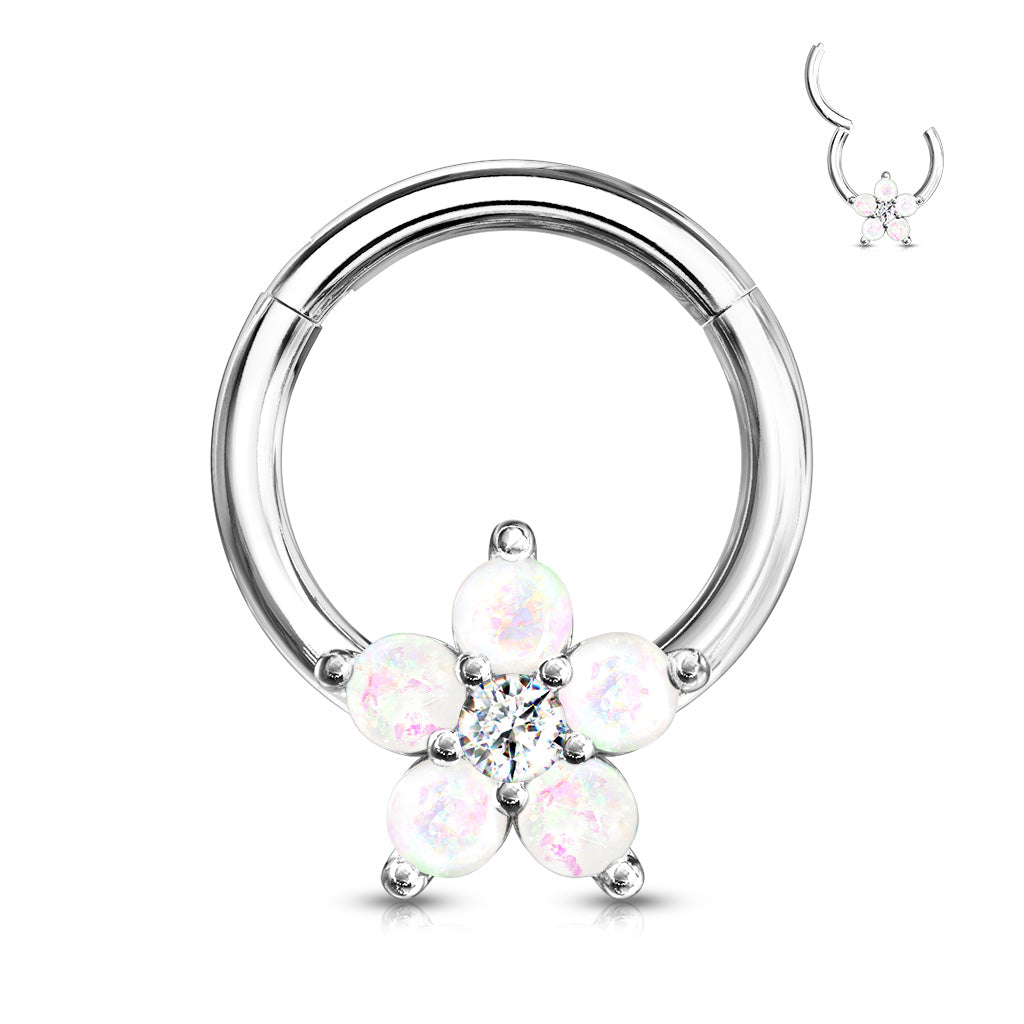 Opal Glitter Flower Centered 316L Surgical Steel Hinge Hoops for Ear Cartialge, Daith, Nose Septum and More - White