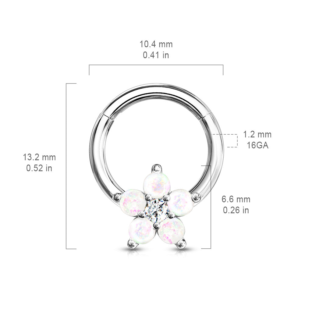 Opal Glitter Flower Centered 316L Surgical Steel Hinge Hoops for Ear Cartialge, Daith, Nose Septum and More size chart