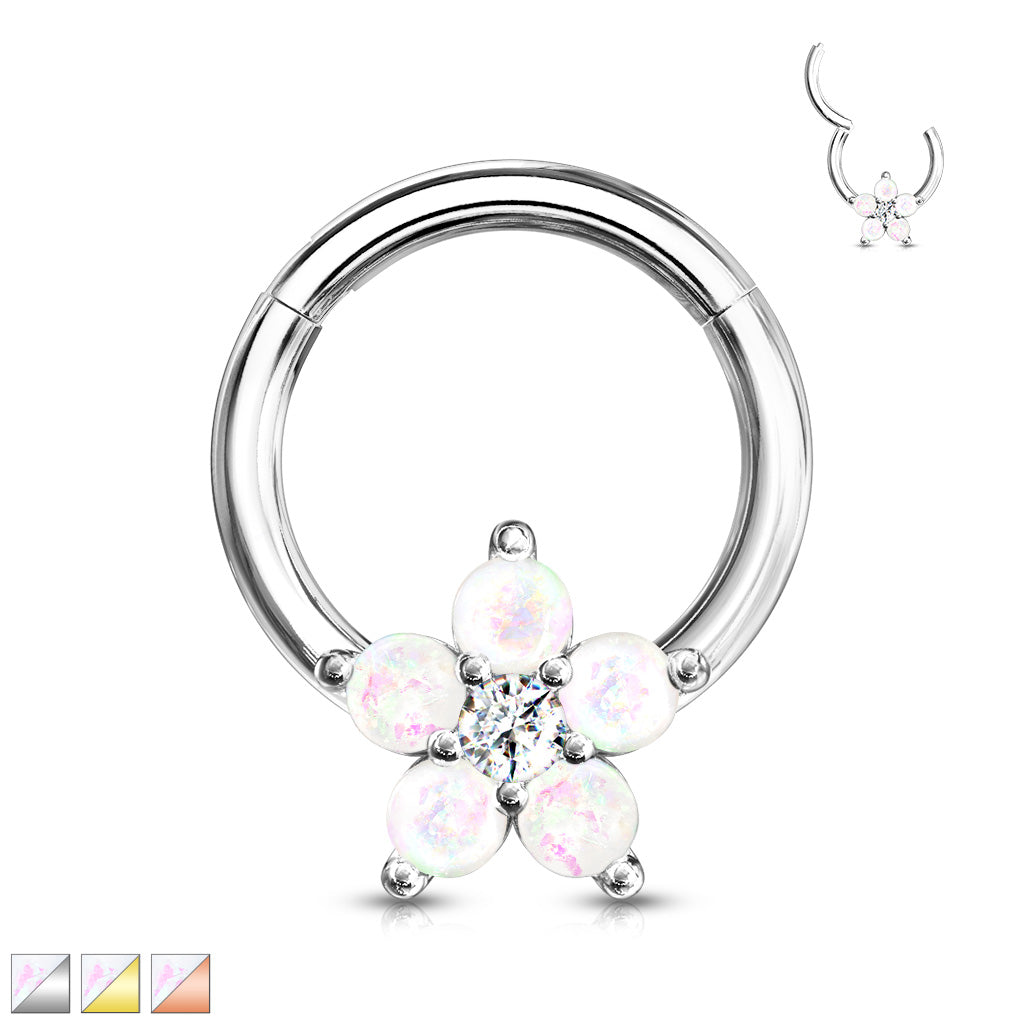 Opal Glitter Flower Centered 316L Surgical Steel Hinge Hoops for Ear Cartialge, Daith, Nose Septum and More - all colors