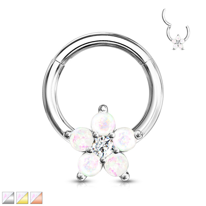 Opal Glitter Flower Centered 316L Surgical Steel Hinge Hoops