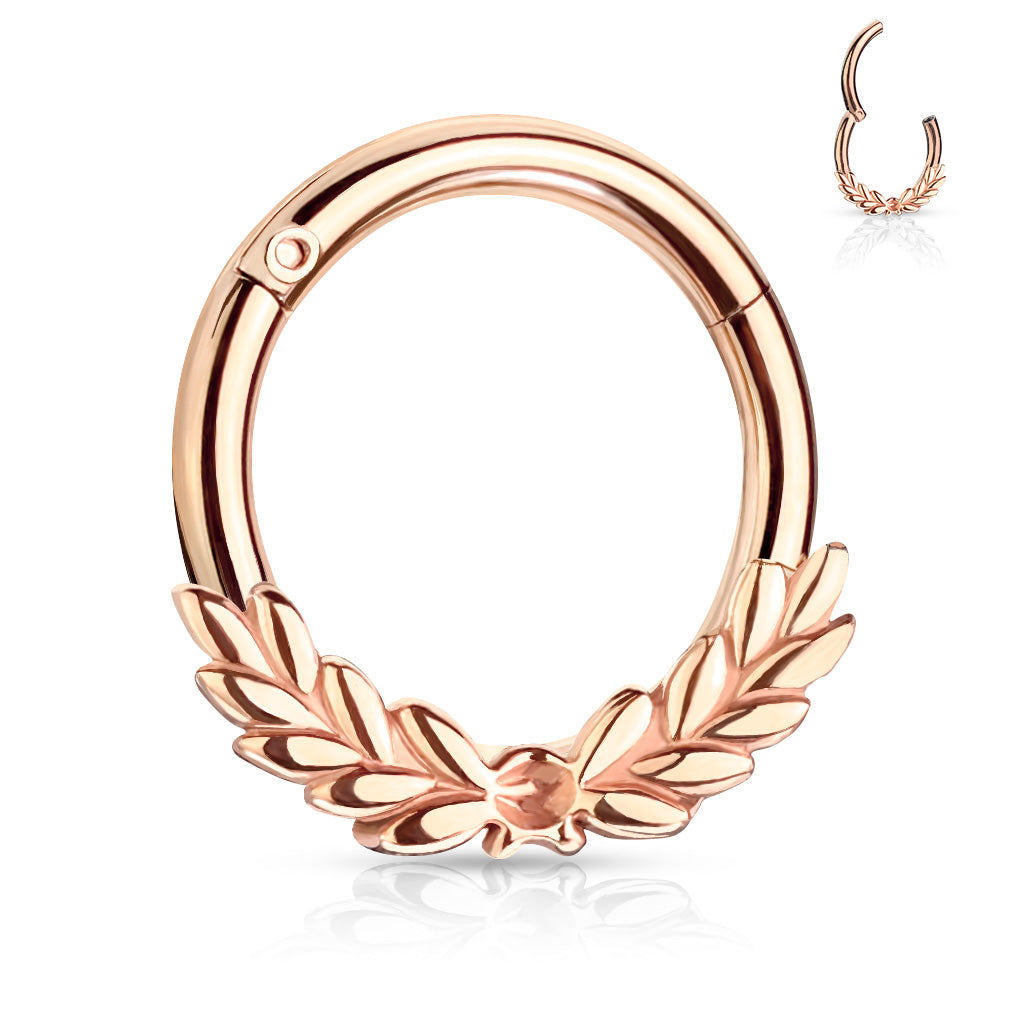 All 316L Surgical Steel Laurel Leaves Front Hinged Hoop Rings - Rose Gold