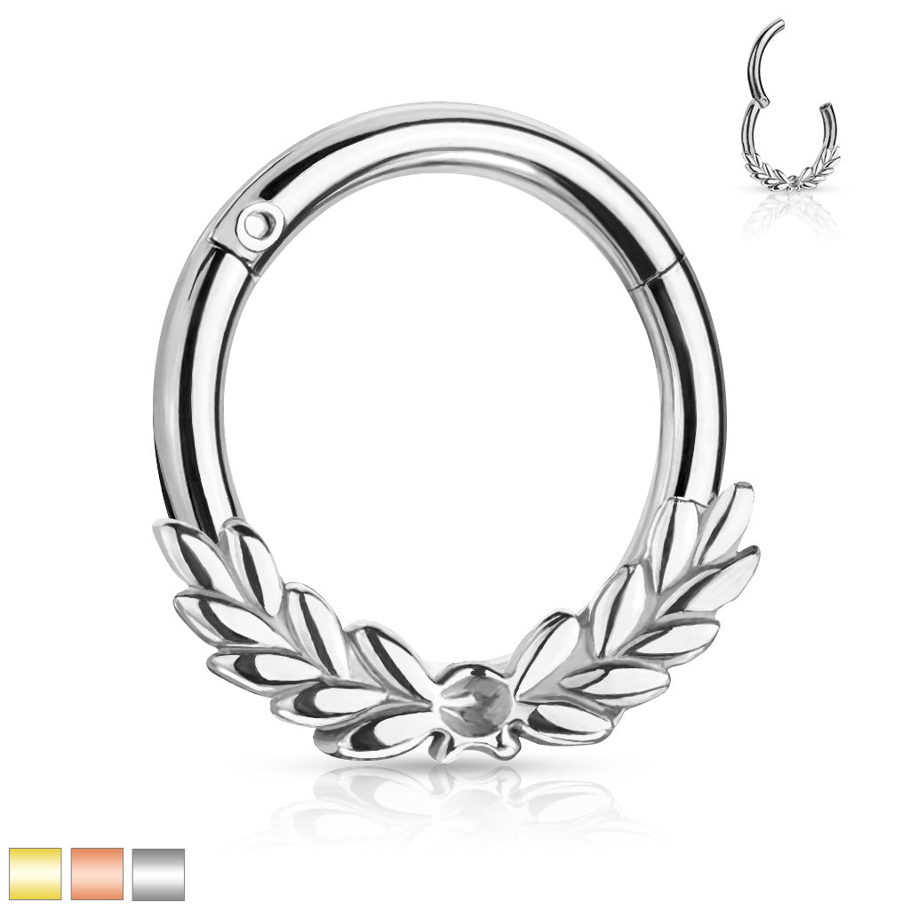 All 316L Surgical Steel Laurel Leaves Front Hinged Hoop Rings - Steel