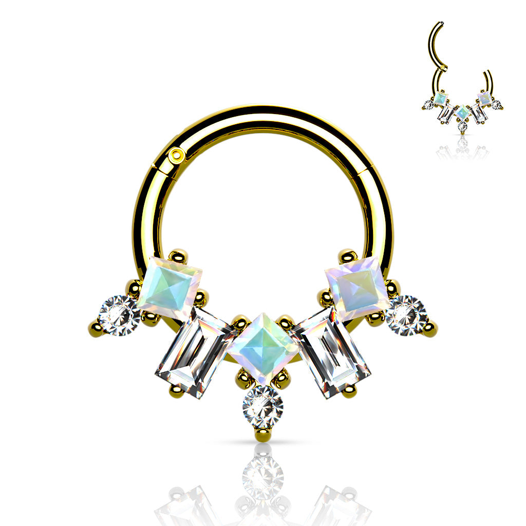 Multi CZ Fan 316L Surgical Steel Hinge Hoop Segment Rings - Gold