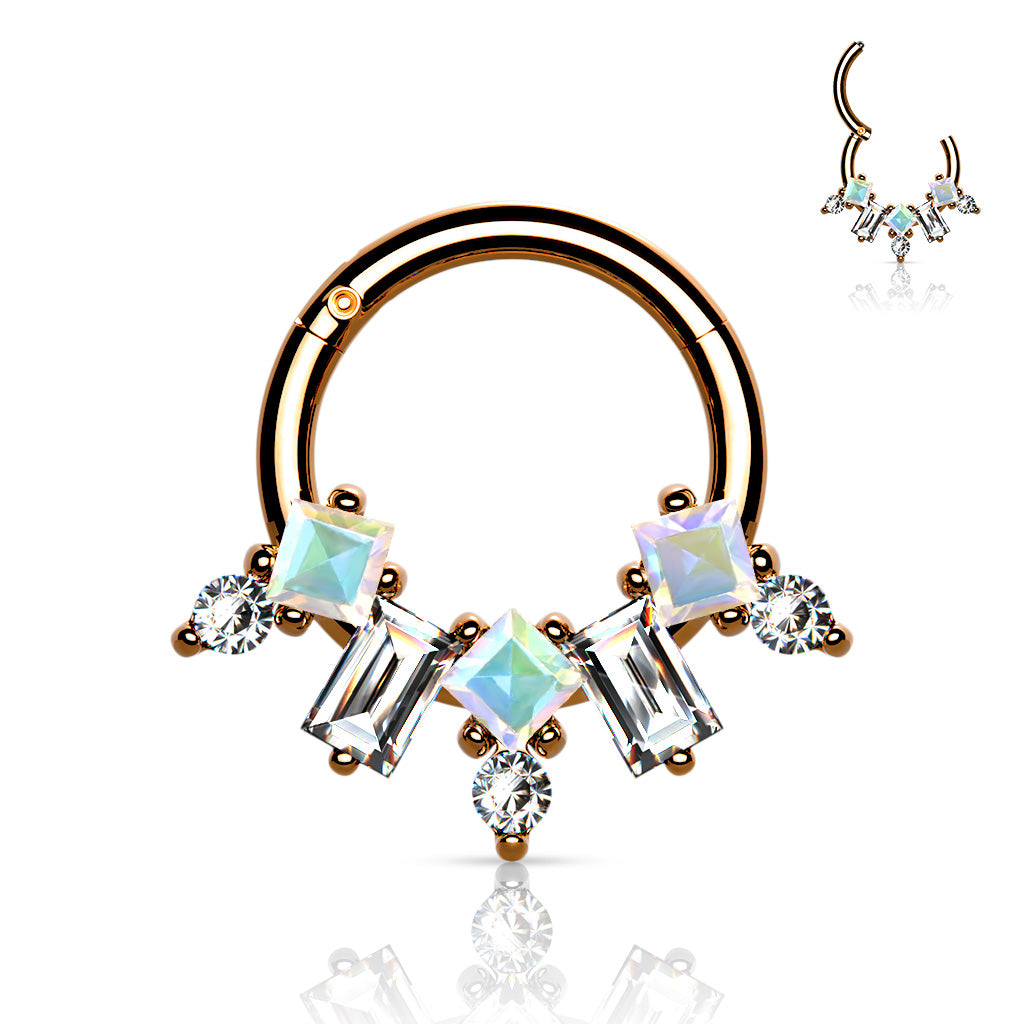 Multi CZ Fan 316L Surgical Steel Hinge Hoop Segment Rings - Rose Gold