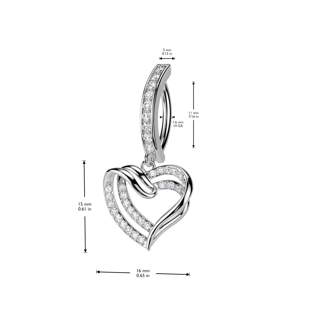 316L Surgical Steel Hinged CZ Pave Belly Button Ring With Double CZ Pave Heart Dangle size chart