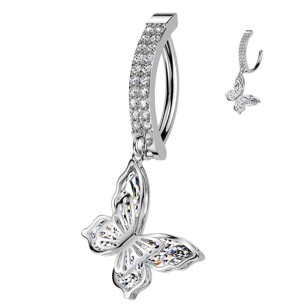 316L Surgical Steel Hinged Double Line Pave CZ Belly Button Ring With CZ Butterfly Dangle - Clear