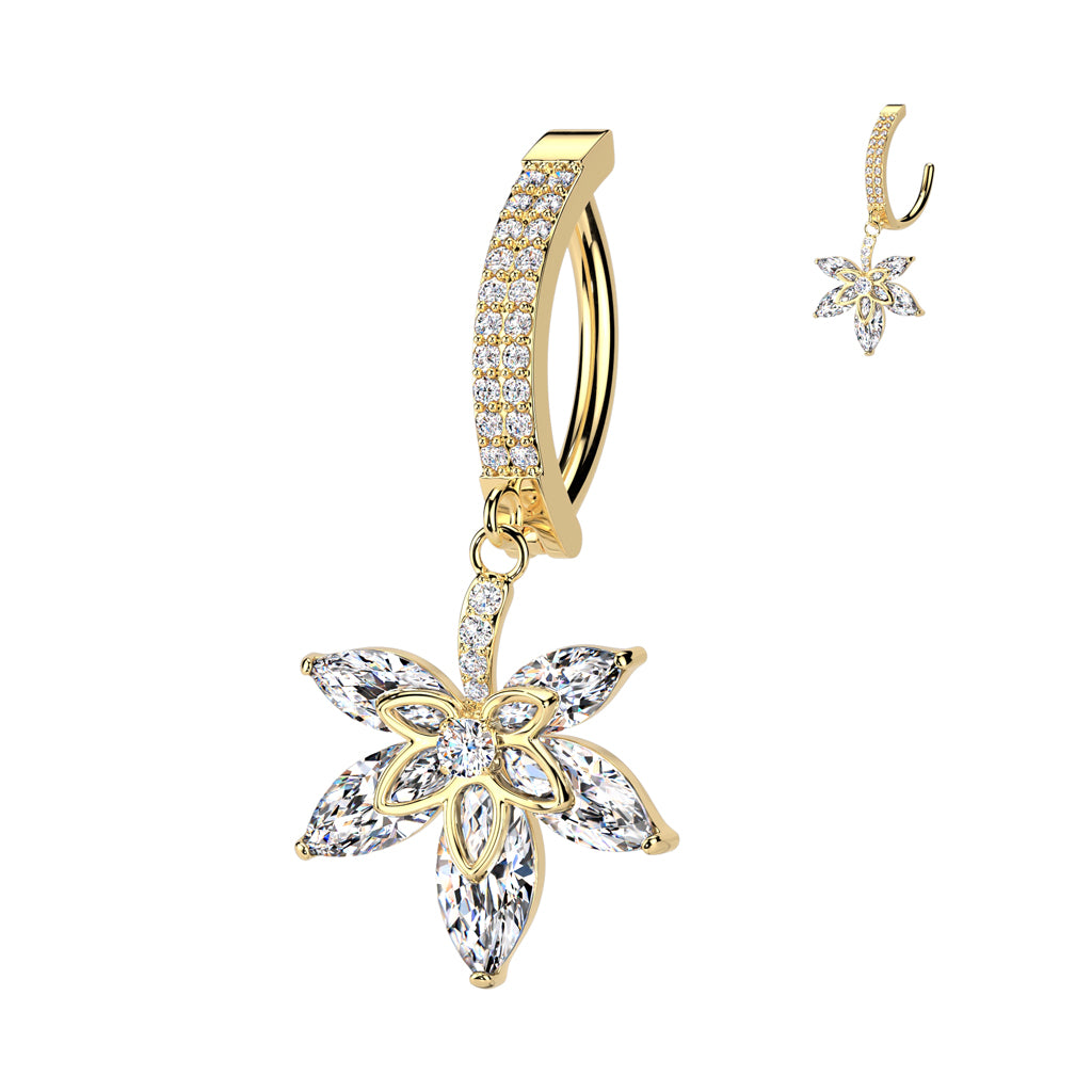 316L Surgical Steel Hinged Double CZ Pave Belly Button Ring With CZ Pot Leaf Dangle - Gold/Clear