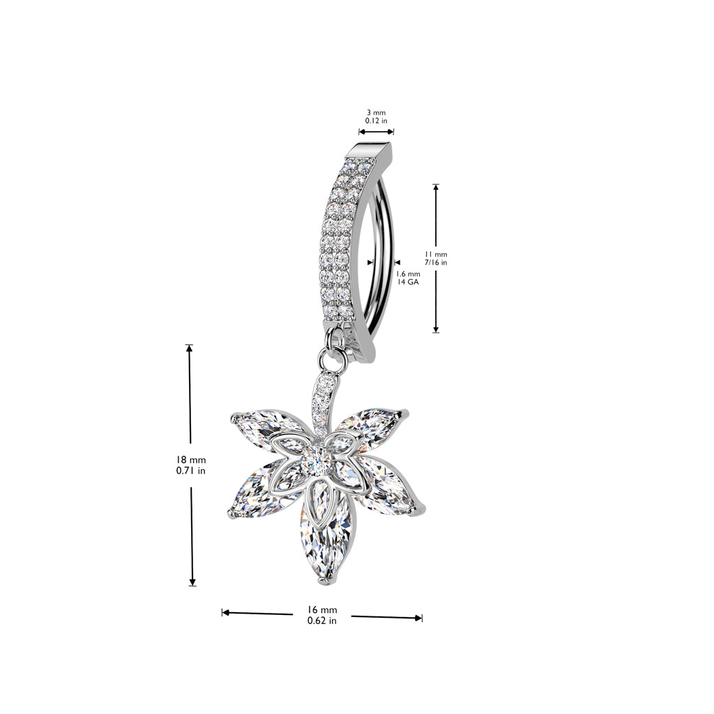 316L Surgical Steel Hinged Double CZ Pave Belly Button Ring With CZ Pot Leaf Dangle size chart