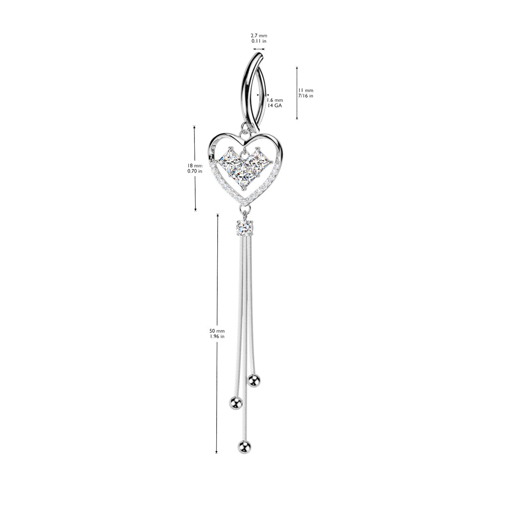 316L Surgical Steel Hinged Belly Button Ring With Square CZ Heart Center and CZ Pave Heart With Triple Chain Dangle size chart