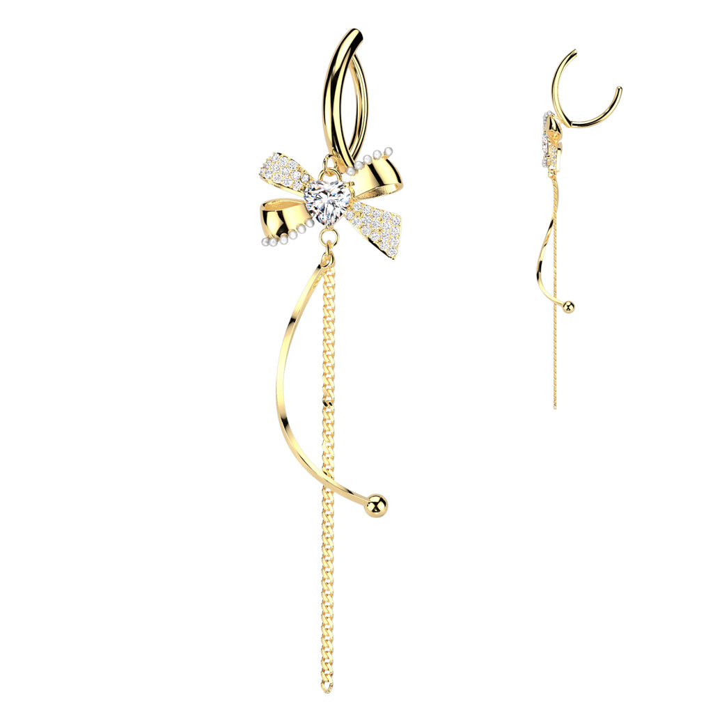 316L Surgical Steel Hinged Belly Button Ring With CZ and Pearl Bow With Heart CZ Center and Chain and Curved Bar Dangle - Gold/Clear