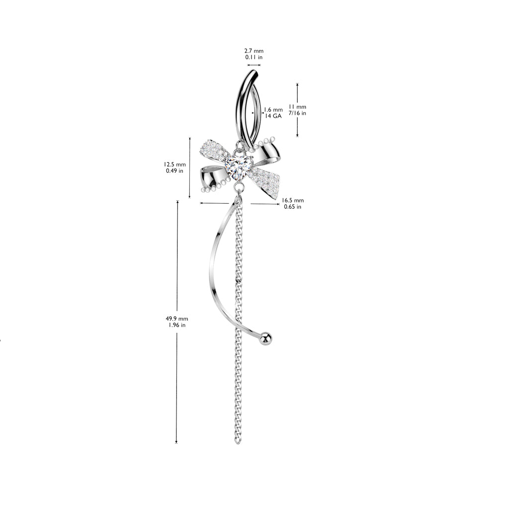316L Surgical Steel Hinged Belly Button Ring With CZ and Pearl Bow With Heart CZ Center and Chain and Curved Bar Dangle size chart