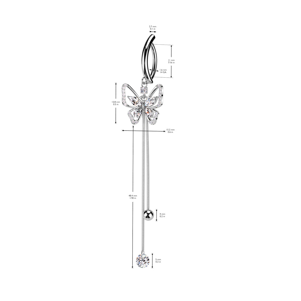 316L Surgical Steel Hinged CZ Butterfly Belly Button Ring With Ball And Gem Dangle size chart