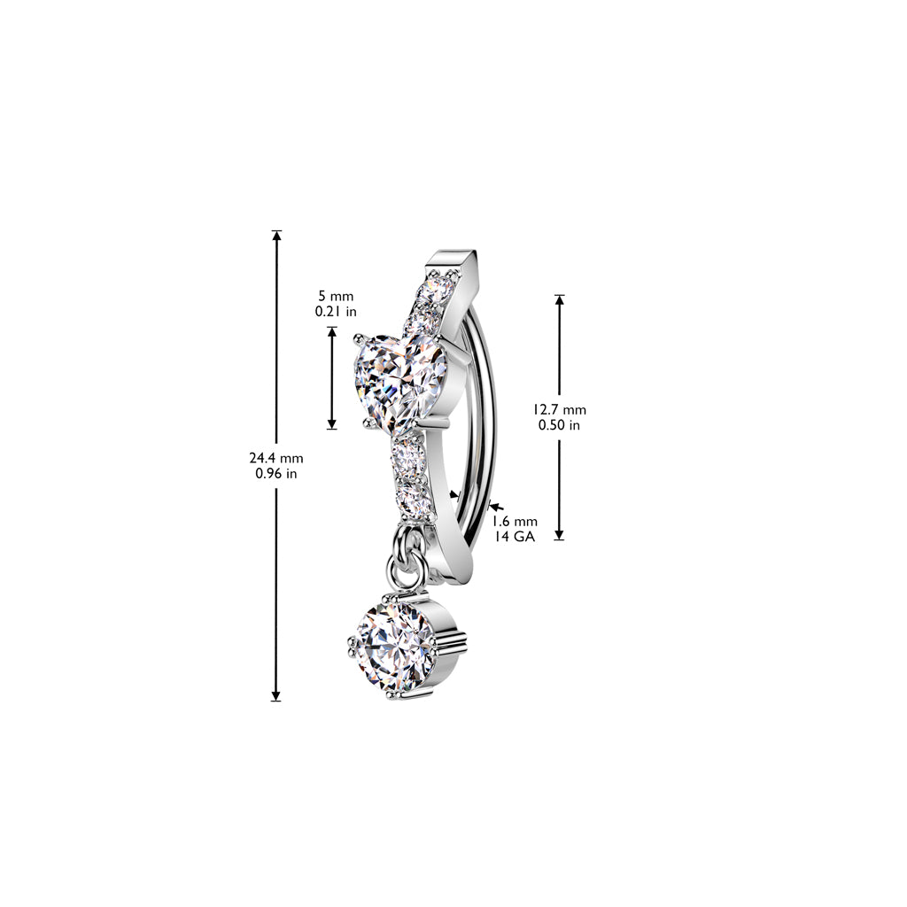 316L Surgical Steel Hinged CNC Belly Button Ring With CZ Heart Center and Round CZ Dangle size chart