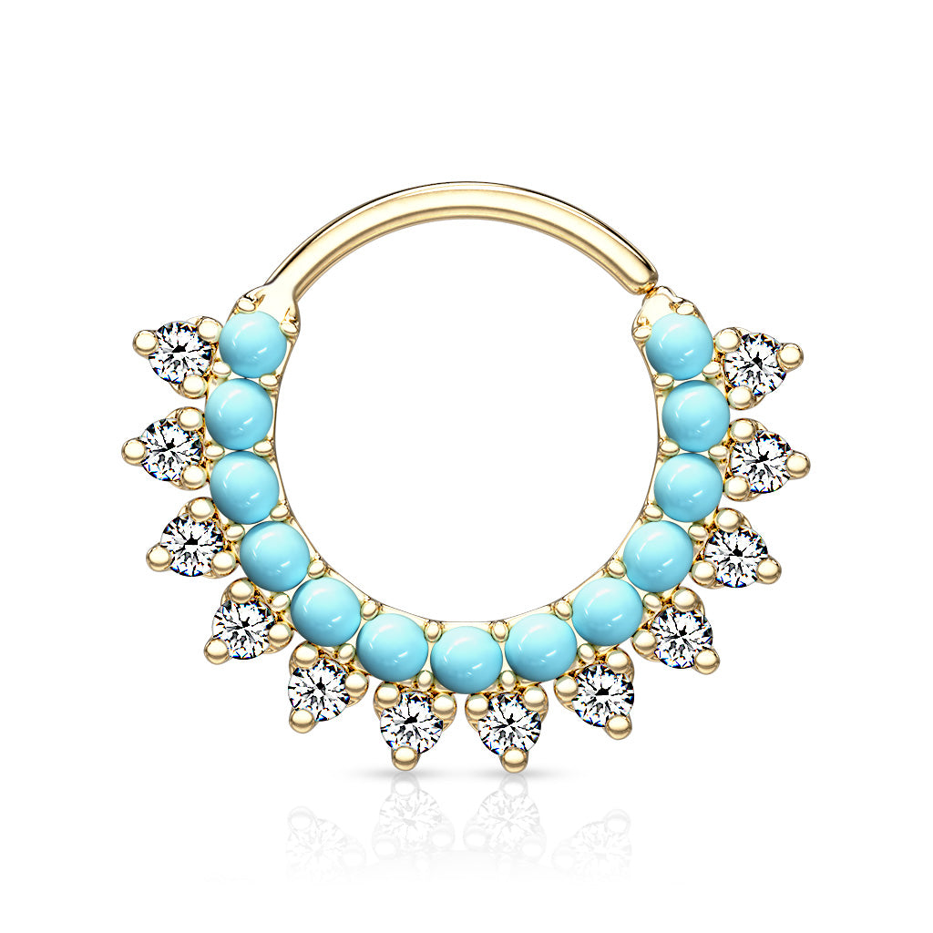 Turquoise and CZ Double Lined Bendable Hoops for Ear Cartilage, Daith, Nose Septum and More - Gold