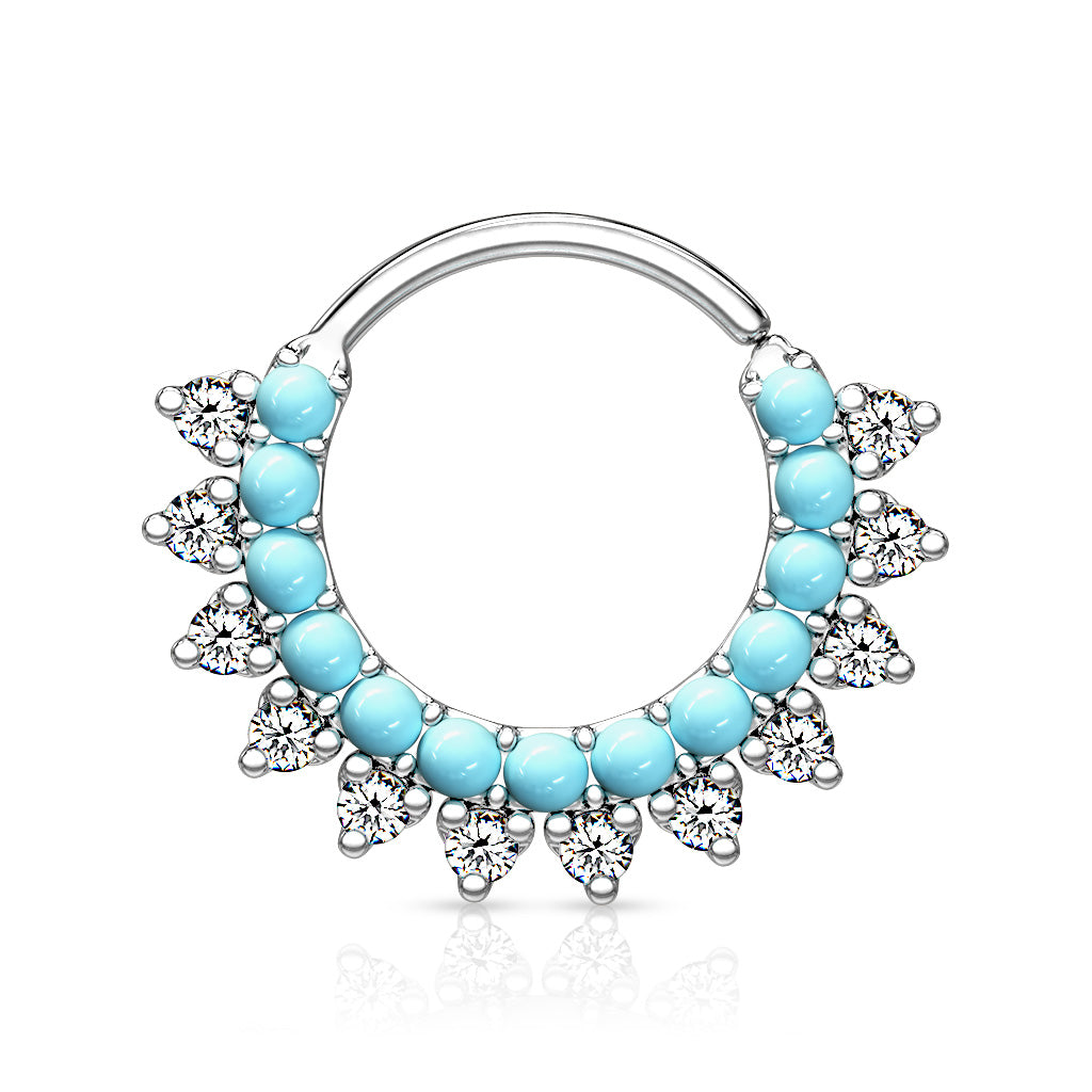 Turquoise and CZ Double Lined Bendable Hoops for Ear Cartilage, Daith, Nose Septum and More - Platinum