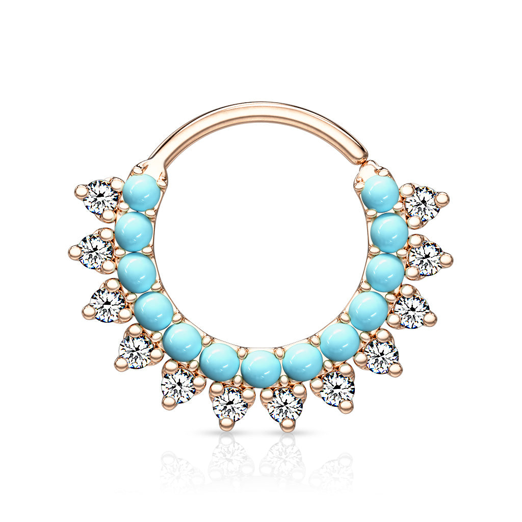Turquoise and CZ Double Lined Bendable Hoops for Ear Cartilage, Daith, Nose Septum and More - Rose Gold