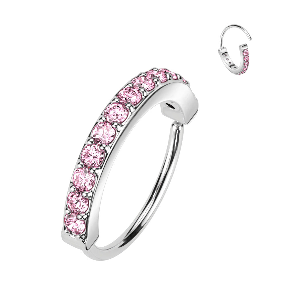 Single Lined Half Circle With Embedded CZ Bendable Hoop - Platinum/Pink