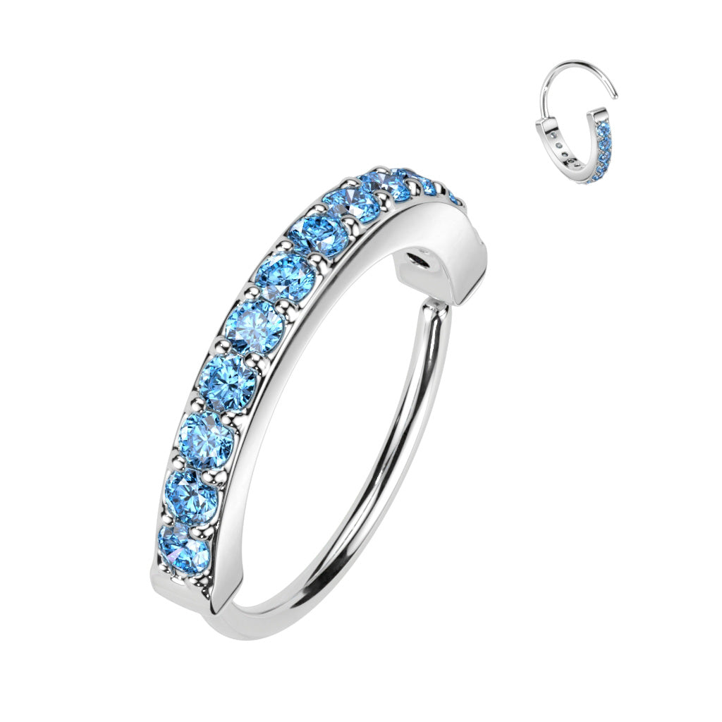 Single Lined Half Circle With Embedded CZ Bendable Hoop - Platinum/Aqua