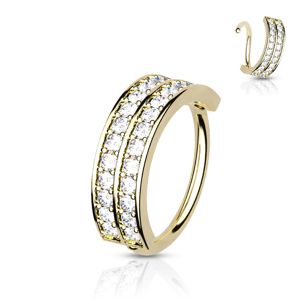 Double Lined Half Circle with Embedded CZ Bendable Hoop - Gold/Clear