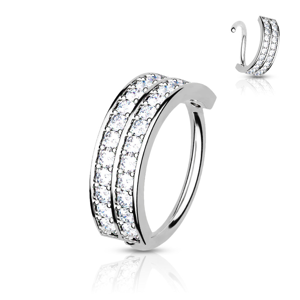 Double Lined Half Circle with Embedded CZ Bendable Hoop - Platinum/Clear