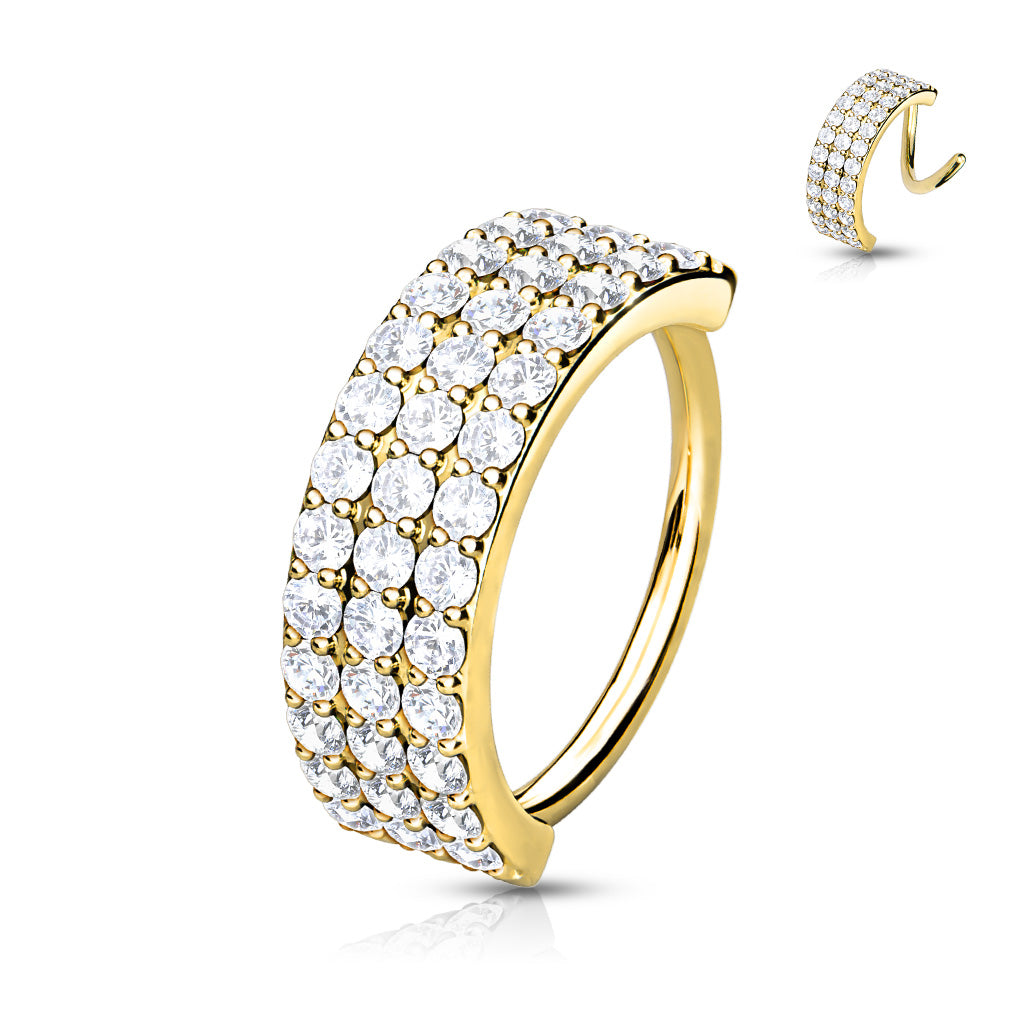 Triple Lined Half Circle With Embedded CZ Bendable Hoop - Gold/Clear